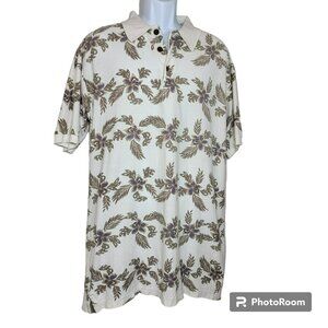 Sgt. Leisure Hawaiian Polo Shirt, Men M, White w/Green&Purple Tropical Print,EUC